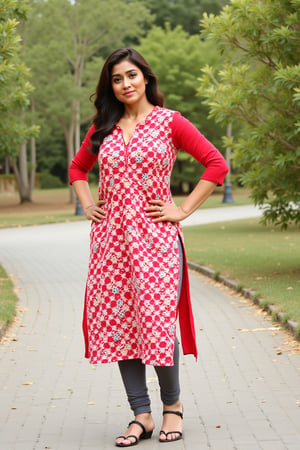 Indian mallu girl,naked_sleeves, long indian red and white pattern cotton kurti with high side slits and grey colour leggings,side pose,  actress, model pose,
,xshriya,VNS_Add more details