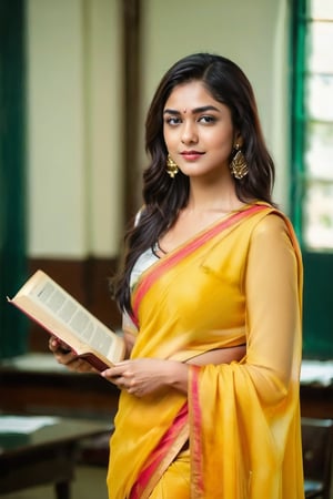 Full body image, sexy hot teacher. Firm big breast, holding a kamasutra book. School background. Lustful face. Indian model in saree costume. Silk saree, showing navel, Mrunal Thakur.