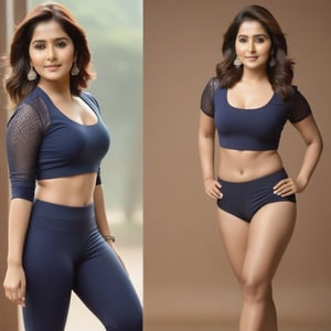 Create an image of Rashi Khanna in a standing pose, highlighting her curves and flaunting her navel. Capture her with a confident stance, well-lit to accentuate her figure. Focus on a medium shot to showcase her body composition, with a soft, flattering light.