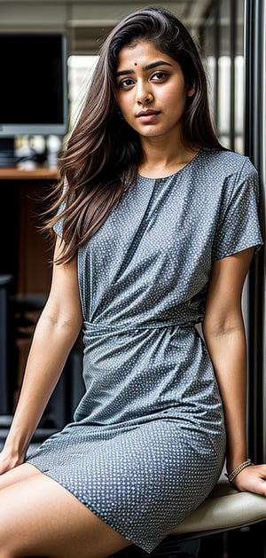 beautiful indian 20 year old girl wearing a blue flower printed frock, slightly thick and Chubby, sitting_on luxury office, an ai influencer and pretty and serious face.