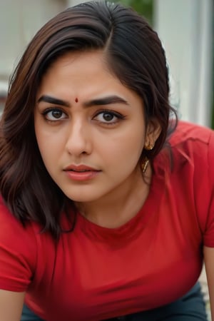 Indian girl, Curvy indian girl, photorealistic, lustful face, hi_resolution, 4k quality,painful face. Red Tshirt and tight trousers. Painful expression 
