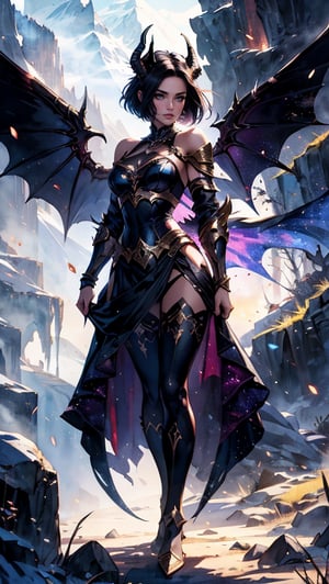 A beautiful woman in a sexy fantasy short skirt armor stands in a dark mountain setting. This watercolor illustration captures a masterpiece of a Succubus  with a pair of devil wings and horns. She has shoulder-length short hair, and the background is a dark outdoor landscape. The portrait is full-body.  
