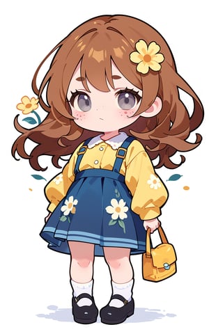 score_9,score_8_up,score_7_up, chibi, chibi style, 1girl,long hair,looking at viewer,blush,skirt,simple background,brown hair,shirt,long sleeves,white background,closed mouth,standing,full body,flower,shoes,socks,bag,black footwear,blue skirt,grey eyes,floral print,white socks,mary janes,freckles,yellow shirt,yellow flower