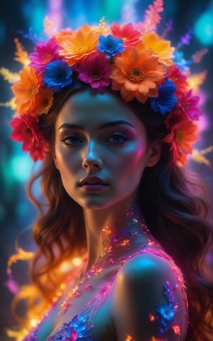 (best quality,8K,highres,masterpiece), ultra-detailed, (woman made of flowers),a woman composed entirely of vibrant flowers, illuminated by a neon glow that casts a colorful aura around her. Each petal and bloom is meticulously arranged to form her graceful figure, creating a mesmerizing and ethereal presence. The neon glow adds a futuristic and dynamic touch to the floral composition, enhancing the vivid colors and bringing the scene to life in a burst of radiant light.