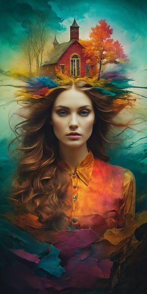 (best quality,8K,highres,masterpiece), ultra-detailed, double exposure imagery that merges the ethereal, surreal styles of Natalia Drepina and Brooke Shaden with a vibrant, colorful twist. Set against a backdrop of vintage cracked paper, this piece becomes a dynamic and unusual exploration of color and form. It combines hauntingly beautiful figures with surreal landscapes, all infused with vivid, luminous colors that breathe life into the composition. The artwork is designed to captivate and intrigue, drawing the viewer into a deeply emotional and abstract narrative, while the colorful palette adds a layer of vibrancy and depth to the surreal and timeless aesthetic.