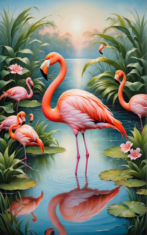 (best quality,8K,highres,masterpiece), ultra-detailed, (flamingo), a majestic flamingo standing gracefully amidst a tranquil wetland habitat. The flamingo's elegant posture and vibrant plumage are rendered with meticulous detail, capturing the beauty and grace of this iconic bird. The wetland backdrop is lush and serene, with tall grasses and gentle ripples in the water adding to the natural ambiance of the scene. The composition invites viewers to admire the flamingo's elegance and the tranquility of its surroundings.