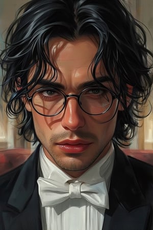 A handsome Italian man who's a bulter wearing a black suit, white bow tie and thin framed glasses, he's tall, sharp black eyes, and has a toned physique, he has olive skin tone, a professional and mysterious vibe, 25 years old, wavy black hair in a slick back hairstyle, sharp black eyes, hair resting over his shoulder, neutral facial expression, mole below his lips, front view, close up, looking_at_viewer, masterpiece, luxury modern living room background, highest-quality, high_resolution, intricate details, headshot, mysterious vibe, semi-realistic digital painting,FluxBoost,FLUX comics style