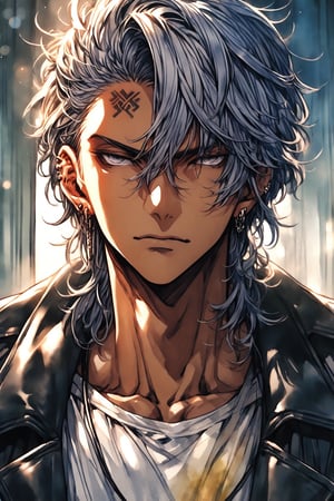 1boy, silver hair, long hair, sharp eyes, gray eyes, toned_male, muscular_body, tall, ear piercing, cross neck tattoo, tan_body, well-defined jawline, temperamental, despondent personality, angry, mafia vibe, black turtleneck shirt, black coat, head_portrait, natural lighting, looking head_portrait, head to shoulder photography, photorealistic, beautiful, portrait, looking at the viewer, bokeh effect, masterpiece, highest-quality, intricate details ,aesthetic portrait,better photography,watercolor, Manhwa, beautiful ,Expressive,watercolor \(medium\)
