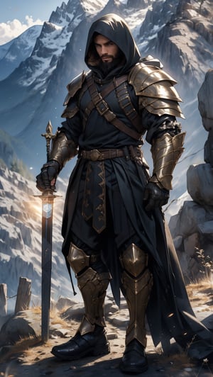 {
  "style": "watercolor",
  "subject": {
    "type": "full-body portrait",
    "description": "A very tall male with a black rugged beard, wearing full plate armor and a hood, standing in a dark mountain. The background depicts dark outdoors. The character is a Paladin, holding a shield in the right hand, His eyes emit light."
  }
}