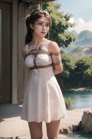 Natural Light, (Best Quality, Masterpiece), (((perfect anatomy))), (beautiful and detailed eyes), (realistic detailed skin texture), (detailed hair), (Fantasy aesthetic style), (realistic light and shadow), (real and delicate background), 1girl, (standing stance), princess knight, (armored dress:1.2), (Beautiful embroidered dress:1.2), holding long sword, platinum hair, twintails, (Tiara with sparkling:1.2), (watercolor background ), (clean outline), (sketch style line art), ,watercolor,Anitoon2,medium_breast_bondage,(arms behind back:1.2), (arms bent:1.2), (view from front:1.2), (shibari over clothes:1.2), tight, crotch rope, knots, ,1 girl ,ponytail holder,The chest is tied with ropes,Red hat,The legs are tightly tied together with fine hemp rope,skirt,gym pants,,shibari,beach ,silver glasses