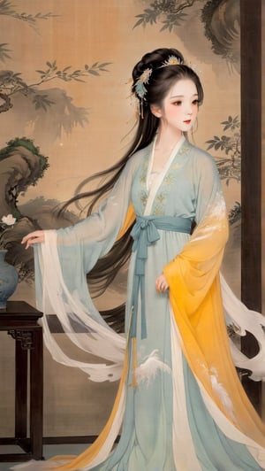 A serene Tang Dynasty beauty ascends the grand hall, her Hanfu robe whispers secrets amidst misty veil. Elegant and refined, the phoenix crown rests upon combed tresses, secured by glimmering hairpins within a soft, ethereal glow, as if brushstrokes of traditional Chinese ink painting brought this refined scene to life.