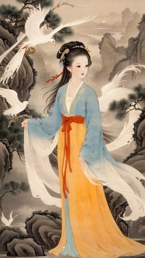 A feminine Tang Dynasty beauty stood atop the grand hall, her Hanfu robe rustling softly under the veil of mist. A symbol of elegance and sophistication, the phoenix crown falls on her combed hair, held in place by delicate hairpins that sparkle in a soft, ethereal light., traditional chinese ink painting