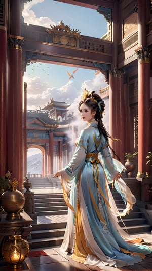 In a majestic grand hall, Princess Wencheng's regal presence fills the air as she glides in, her Hanfu robe rustling softly amidst wispy mist. The phoenix crown casts a gentle glow on delicate hairpins holding her combed tresses, like brushstrokes on ancient silk. Arched windows and ornate carvings frame her serene features, while worn wooden floorboards creak beneath her steps, imbuing the scene with aged grandeur.