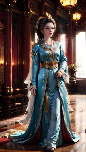 Princess Wencheng stands majestically in a grand hall shrouded in wispy mist, the worn wooden floorboards creaking softly beneath her regal presence. Her serene features are framed by arched windows and ornate carvings, bathed in the gentle glow of the phoenix crown on delicate hairpins holding her combed tresses. The rustling of her Hanfu robe whispers secrets of forgotten dynasties as she glides effortlessly across the floor.
