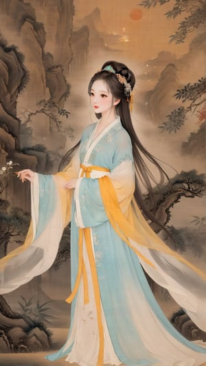 A serene Tang Dynasty beauty ascends the grand hall, her Hanfu robe whispers secrets amidst misty veil. Elegant and refined, the phoenix crown rests upon combed tresses, secured by glimmering hairpins within a soft, ethereal glow, as if brushstrokes of traditional Chinese ink painting brought this refined scene to life.