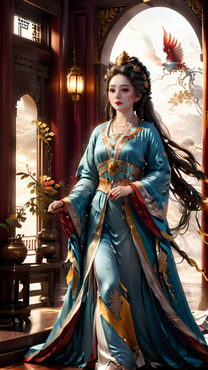 In an eternum-style grand hall, Princess Wencheng's regal presence reigns supreme as she majestically glides into view, her Hanfu robe rustling softly against wispy mist. The phoenix crown casts a warm, gentle glow on delicate hairpins holding her combed tresses, like subtle brushstrokes on ancient silk. Arched windows, adorned with intricate carvings, frame her serene features, while worn wooden floorboards creak softly beneath her steps, infusing the scene with aged grandeur and whispers of a bygone era.