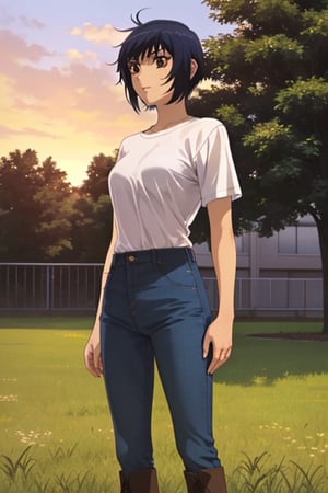 (masterpiece), best quality, 1girl, solo, black hair, short hair, brown eyes, shirt, short sleeve, blue pants, boots, standing, outdoor, grass, trees, sunset