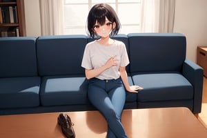 (masterpiece), best quality, 1girl, short hair, black hair, brown eyes, shirt, short sleeve, blue pants, shoes, sitting on couch, living room, long view