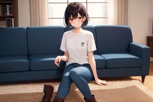 (masterpiece), best quality, living room, 1girl, short hair, blaack hair, brown eyes, shirt, short sleeve, blue pants, boots, sitting on sofa