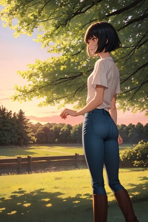 (masterpiece), best quality, 1girl, solo, black hair, short hair, brown eyes, shirt, short sleeve, blue pants, boots, standing, outdoor, grass, trees, sunset, sun