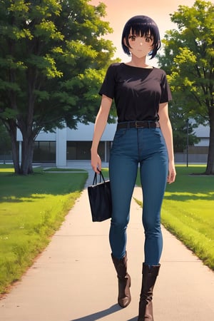 (masterpiece), best quality, 1girl, solo, black hair, short hair, brown eyes, shirt, short sleeve, blue pants, boots, standing, outdoor, grass, trees, sunset