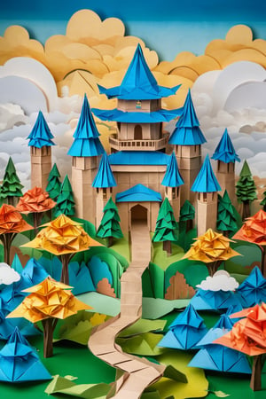 castle made of paper, highly detailed, paper clouds, paper trees, paper landscape, Modular Origami, Ultra-HD, Super-Resolution, origami, paper art, high quality image, masterpiece, hdr, 4k

