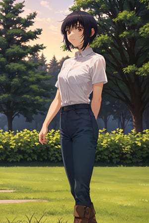 (masterpiece), best quality, 1girl, solo, black hair, short hair, brown eyes, shirt, short sleeve, blue pants, boots, standing, outdoor, grass, trees, sunset