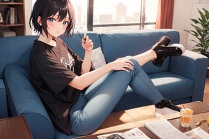 (masterpiece), best quality, living room, long view, 1girl, sitting on couch, short hair, black hair, shirt, short sleeve, blue pants, shoes