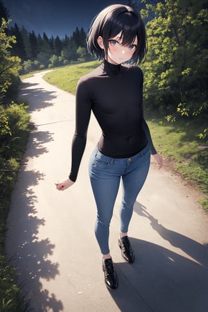 (masterpiece), best quality, 1girl, black hair, short hair, flat chest, shirt, turtleneck, long sleeve, skinny pants, shoes, standing, from above, forest, night sky