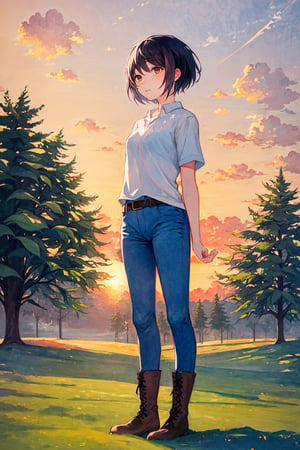 (masterpiece), best quality, 1girl, solo, black hair, short hair, brown eyes, shirt, short sleeve, blue pants, boots, standing, outdoor, grass, trees, sunset, sun, watercolor