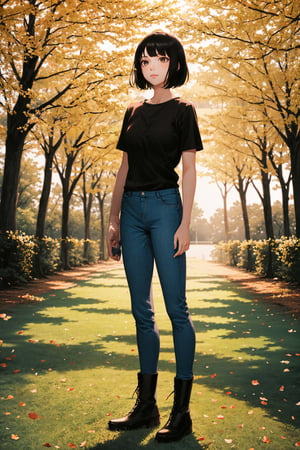 (masterpiece), best quality, 1girl, solo, black hair, short hair, brown eyes, shirt, short sleeve, blue pants, boots, standing, outdoor, grass, trees, sunset, sun