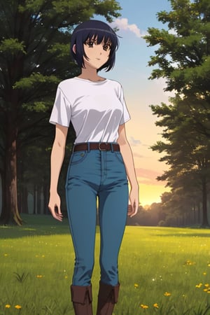 (masterpiece), best quality, 1girl, solo, black hair, short hair, brown eyes, shirt, short sleeve, blue pants, boots, standing, outdoor, grass, trees, sunset