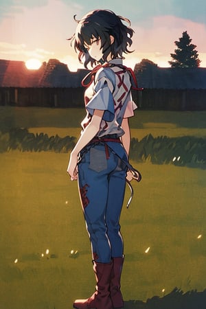 (masterpiece), best quality, 1girl, solo, black hair, short hair, brown eyes, shirt, short sleeve, blue pants, boots, standing, outdoor, grass, trees, sunset