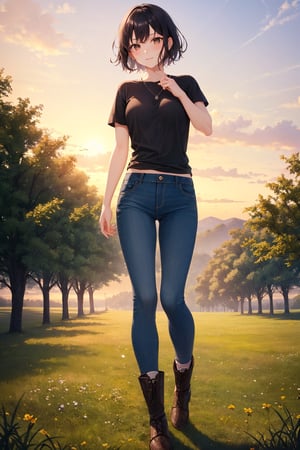 (masterpiece), best quality, 1girl, solo, black hair, short hair, brown eyes, shirt, short sleeve, blue pants, boots, standing, outdoor, grass, trees, sunset, sun