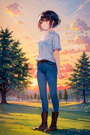 (masterpiece), best quality, 1girl, solo, black hair, short hair, brown eyes, shirt, short sleeve, blue pants, boots, standing, outdoor, grass, trees, sunset, sun, watercolor