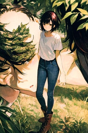 (masterpiece), best quality, 1girl, solo, black hair, short hair, brown eyes, shirt, short sleeve, blue pants, boots, standing, outdoor, grass, trees, sunset