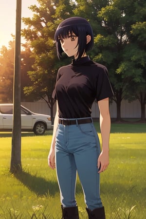 (masterpiece), best quality, 1girl, solo, black hair, short hair, brown eyes, shirt, short sleeve, blue pants, boots, standing, outdoor, grass, trees, sunset