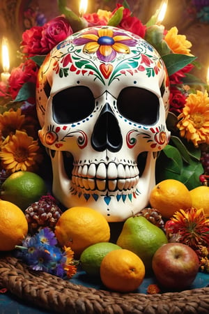 stunning still-life photo render of a Mexican Skull Calavera, surrounded by poetic ornamental elements such as fruits, flowers, garlands of lights and native plants, studio lighting, 8k
