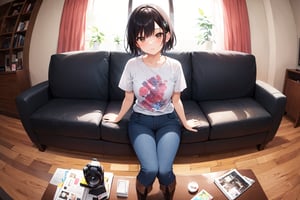 (masterpiece), best quality, 1girl, short hair, blaack hair, brown eyes, shirt, short sleeve, blue pants, skinny pants, boots, sitting on sofa, living room, fisheye lens