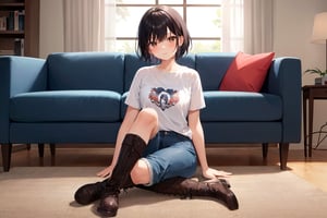 (masterpiece), best quality, living room, 1girl, short hair, blaack hair, brown eyes, shirt, short sleeve, blue pants, boots, sitting on