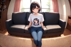 (masterpiece), best quality, living room, fisheye lens, 1girl, short hair, blaack hair, brown eyes, shirt, short sleeve, blue pants, skinny pants, boots, sitting on sofa