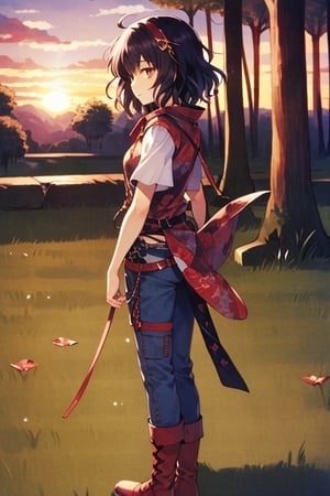 (masterpiece), best quality, 1girl, solo, black hair, short hair, brown eyes, shirt, short sleeve, blue pants, boots, standing, outdoor, grass, trees, sunset