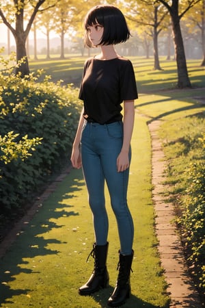 (masterpiece), best quality, 1girl, solo, black hair, short hair, brown eyes, shirt, short sleeve, blue pants, boots, standing, outdoor, grass, trees, sunset, sun