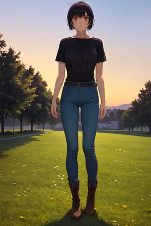 (masterpiece), best quality, 1girl, solo, black hair, short hair, brown eyes, shirt, short sleeve, blue pants, boots, standing, outdoor, grass, trees, sunset