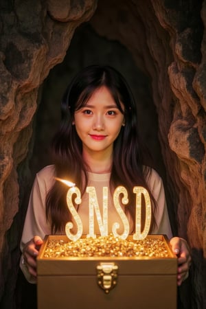 A treasure fully of gold and daimond lies in a dimly lit cave. A girl looking at viewer and smile, holding a torch, stands before it. Glowing golden & daimond made spells out words on the treasure  'SNSD'