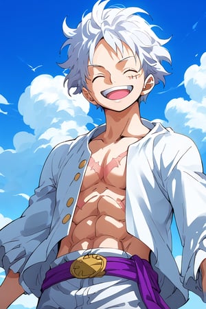 In Gear 5, half-length portrait of Luffy, eyes closed, smiling eyebrows, white hair and eyebrows, short hair, smile, open mouth, X-shaped scar on chest, muscular abs, wears a white vest with white sleeves. and a purple belt, white shorts. The background of the cloudy night