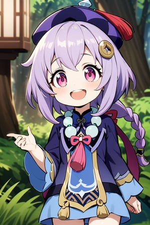 qiqi_(genshin impact),happy face, smiling with open mouth, open eyes, light violet eyes, long hair tied with a hair ponytail, braided hair style, light violet hair, on her head she has a dark purple beret with a tassel purple-red (magenta) on top, small chest, medium thighs, forest landscape with lots of lighting and well-detailed shadows,anya forger