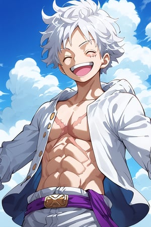 In Gear 5, Luffy's half-length portrait, closed eyes, spiral eyebrows, white hair and eyebrows, short hair, a smile, open mouth, scar on his chest, muscular abs, wears a white vest with white sleeves and a violet belt ,white shorts.The background is a cloudy night