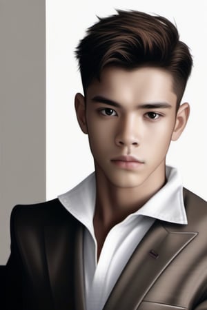 solo, looking at viewer, short hair, brown hair, shirt, 1boy, brown eyes, jacket, white shirt, upper body, male focus, collared shirt, grey background, lips, black jacket, formal, suit, couch, realistic
