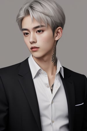 solo, looking at viewer, short hair, brown hair, shirt, 1boy, brown eyes, jacket, white shirt, upper body, male focus, collared shirt, gray background, lips, black jacket, formal, suit, sofa, reality, fair skin ,white hair, tattoo, close to reality